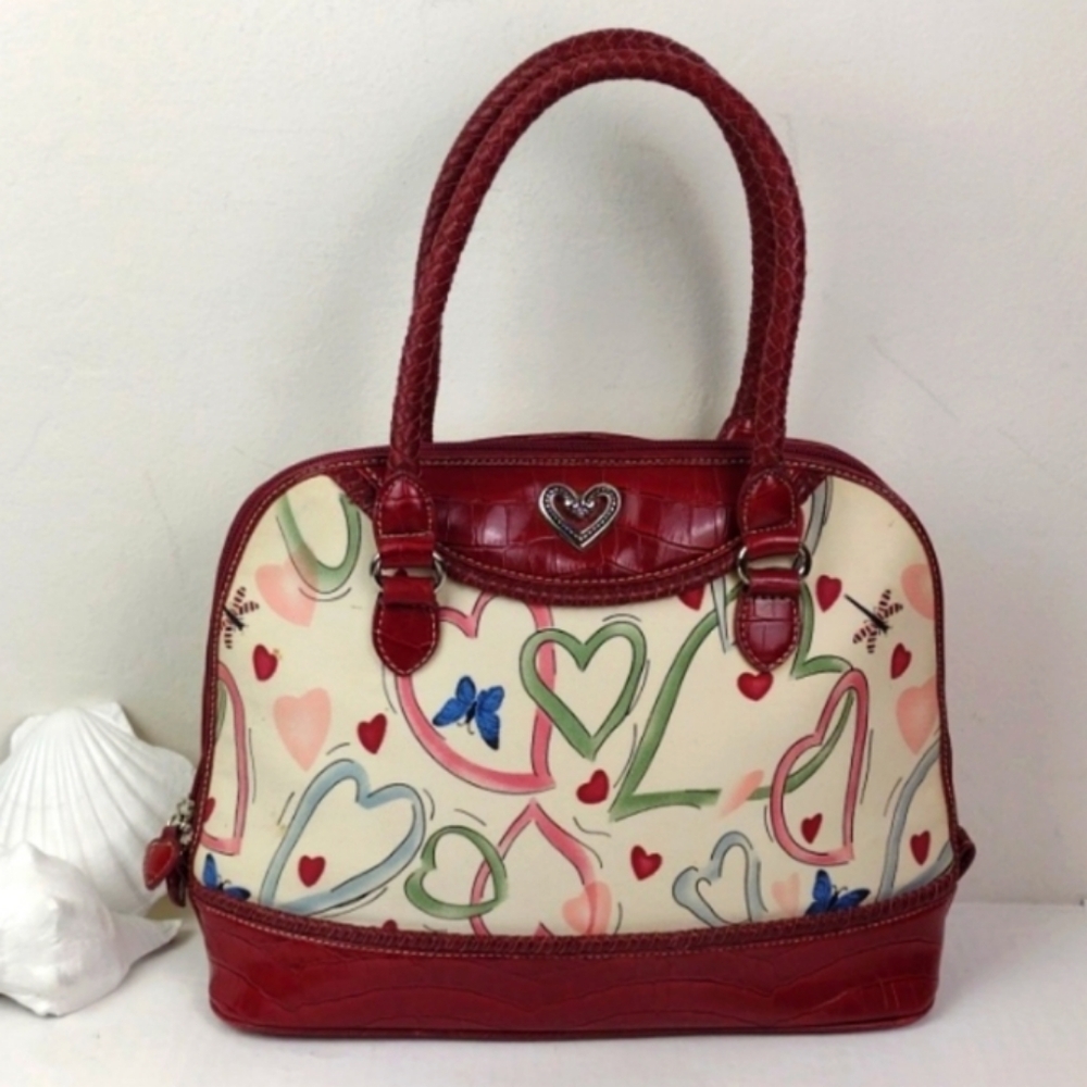 Brighton-esque Whimsical Heart Butterfly Croc-Embossed Leather Trim Purse Bag - Picture 2 of 16